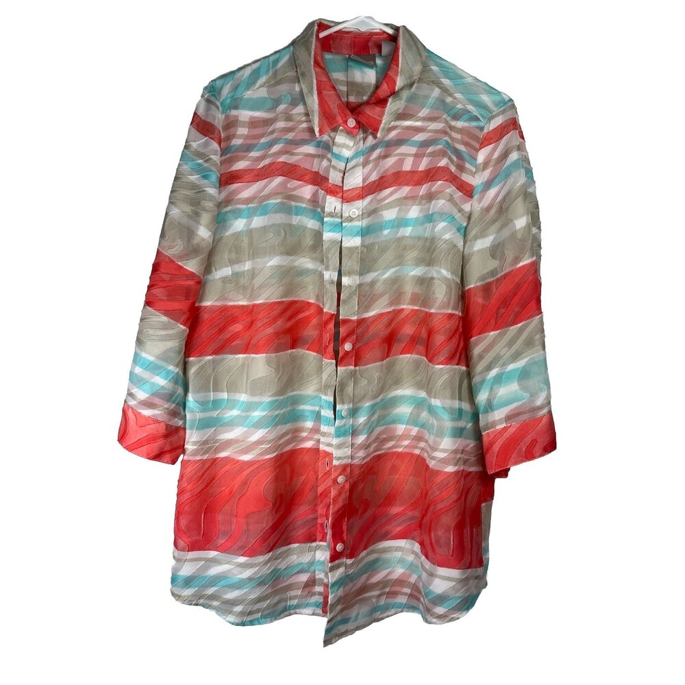 Chicos 2 Large Button Up Abstract Design Top Semi Sheer